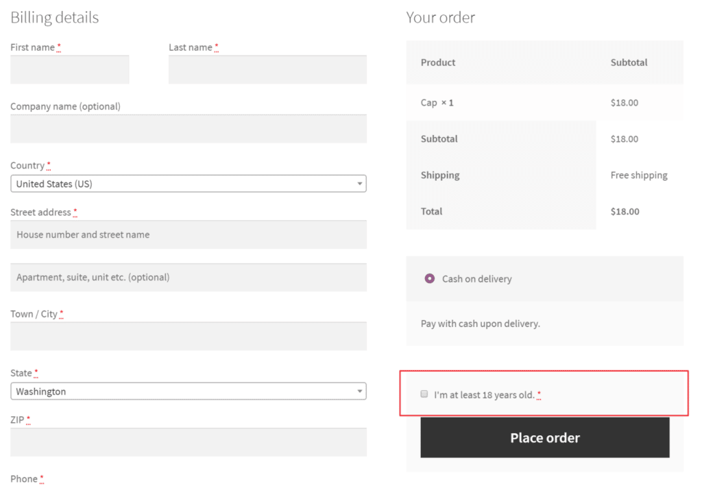 WooCommerce checkout form with age verification checkbox