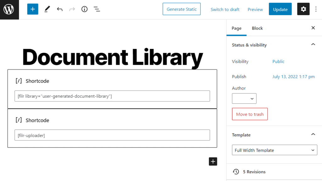 user generated document library filr shortcode