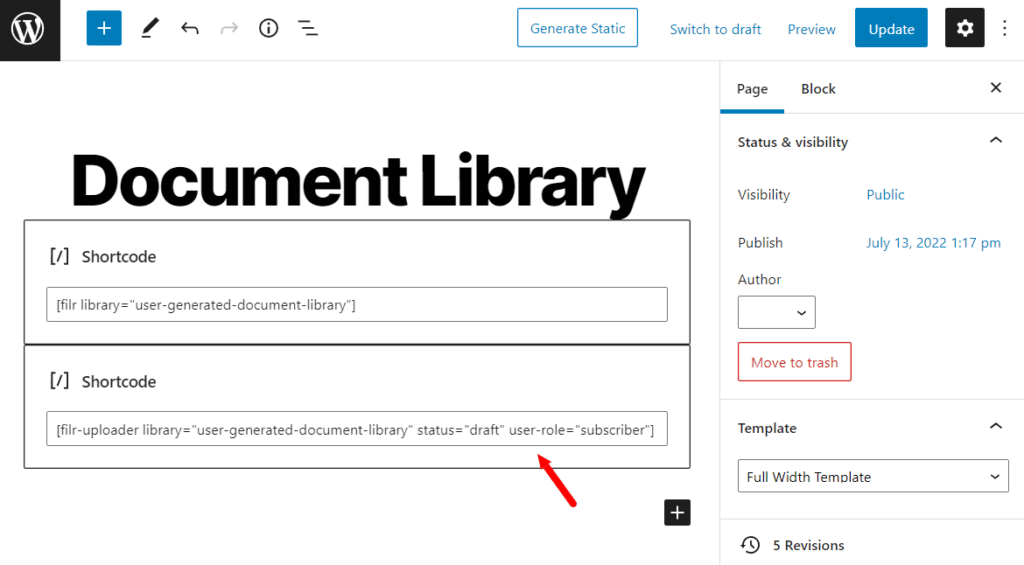 user generated document library filr shortcode edit