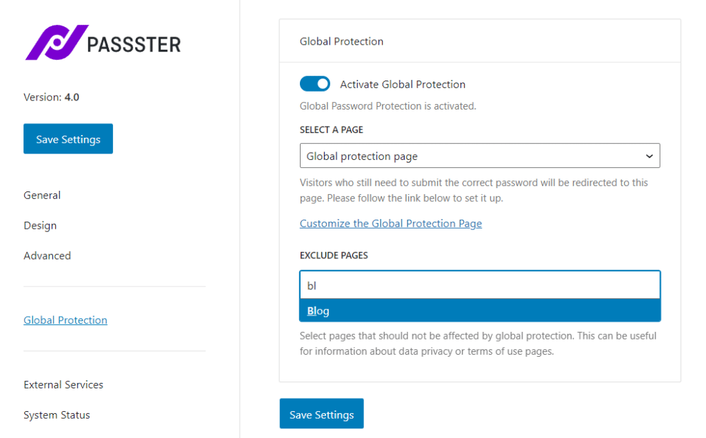 exclude global protection pages passster