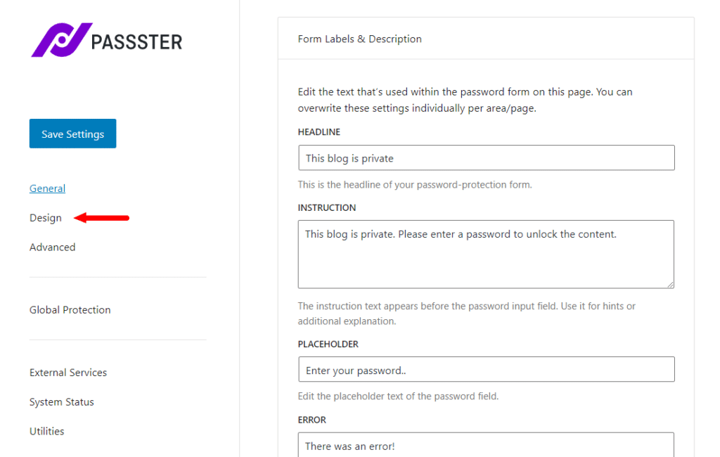 passster design tab