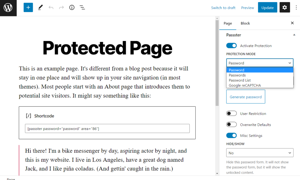 protection type page passster
