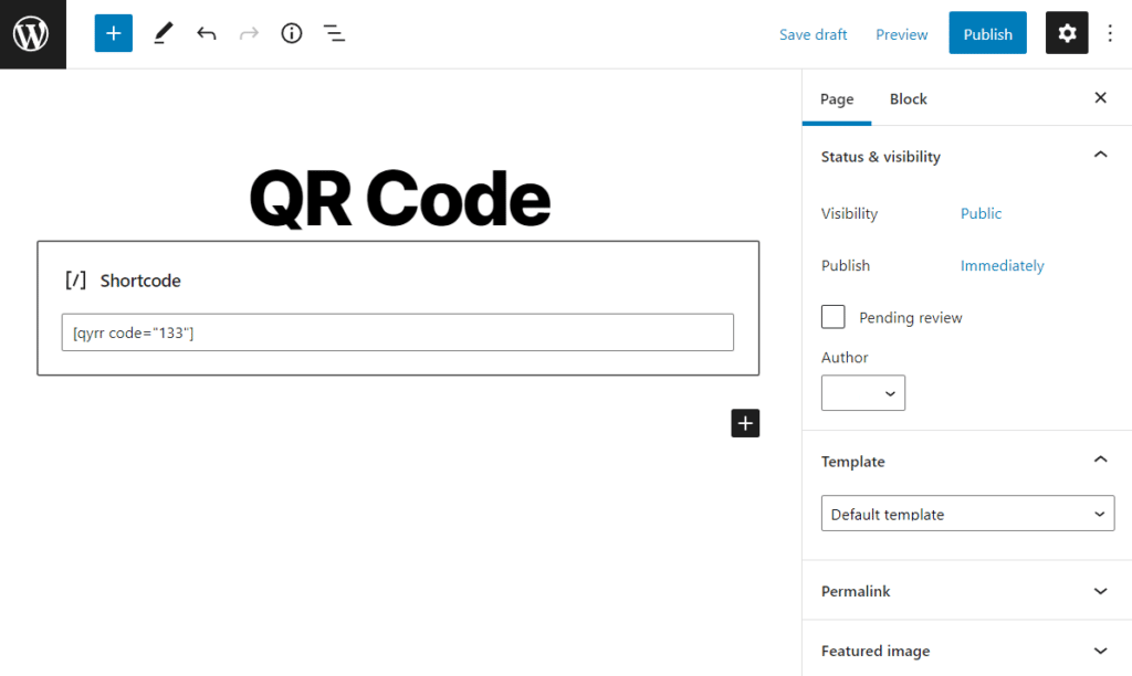 qr code shortcode on page qyrr