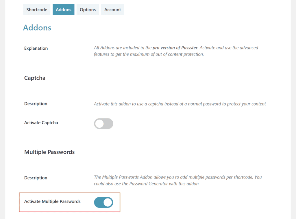 Activate multiple passwords in Passster option