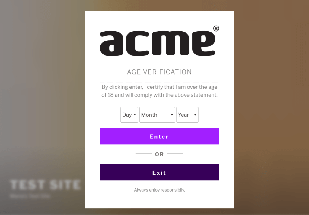 Age verification pop-up with logo and blur