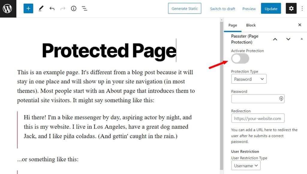 How to protect a whole page/post 1