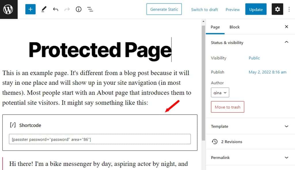 protected area in wordpress page