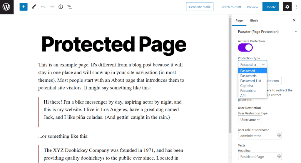 wordpress page protection type