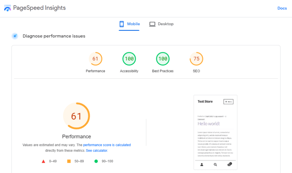 performance score page speed test